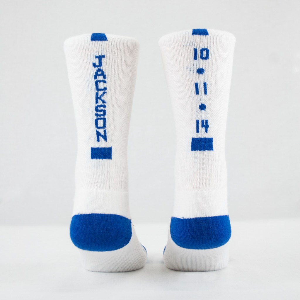 white and blue custom elite crew socks