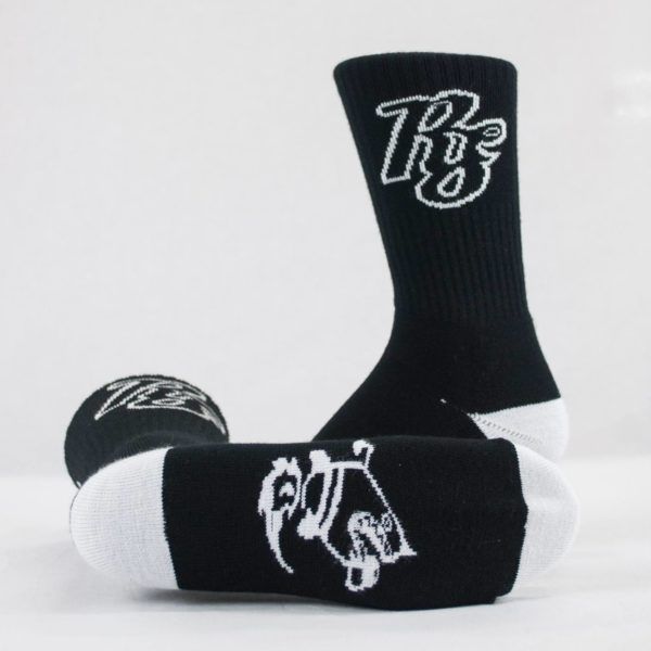 White and black marketing crew socks
