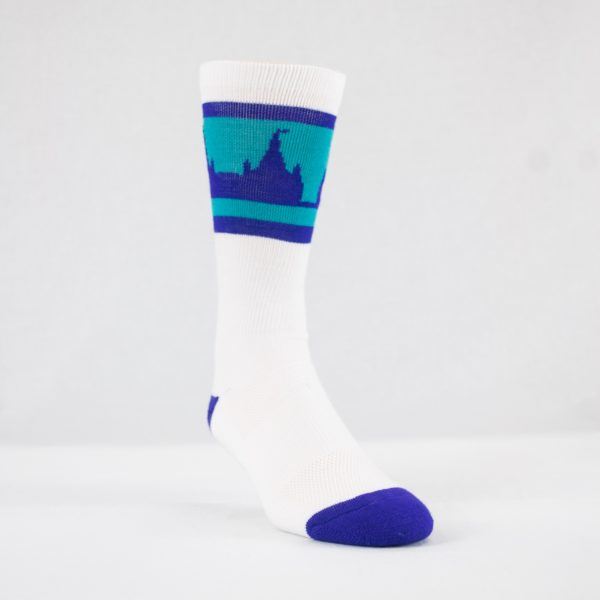 purple and teal skyline customized marketing crew socks