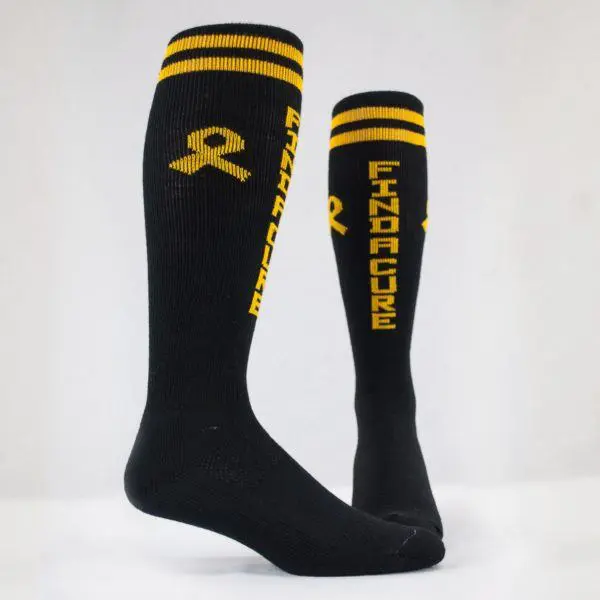 black and gold cancer awareness knee-high promotional socks