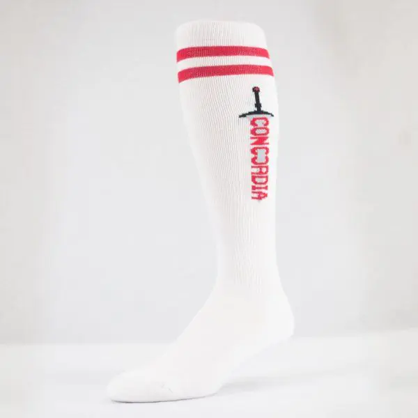 red and white concordia custom knee high promotional socks