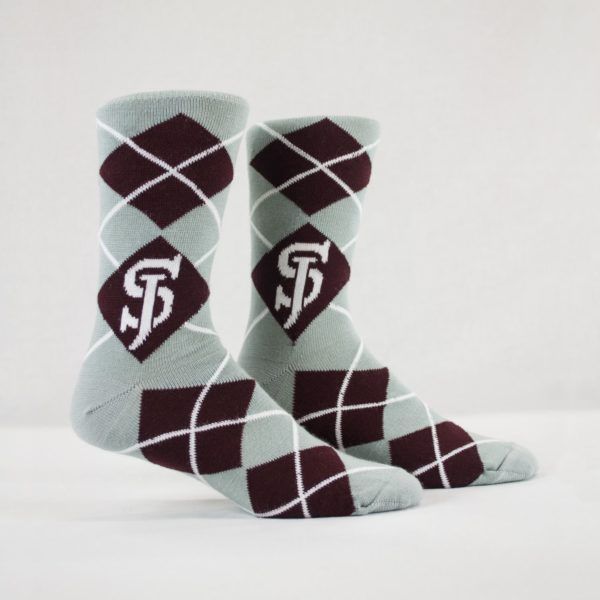 grey and burgundy argyle custom crew corporate socks