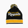 a black and yellow knit hat with white text