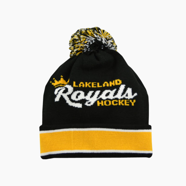 a black and yellow knit hat with white text