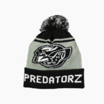 a black and grey knit hat with a black and white logo