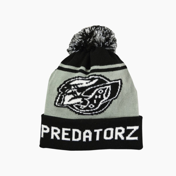 a black and grey knit hat with a black and white logo