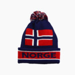 a blue and red beanie with a flag on it