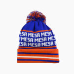 a blue and orange knit hat with white text