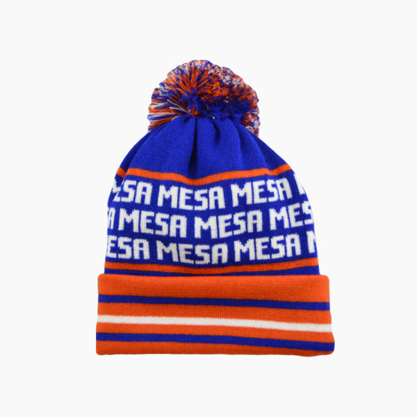 a blue and orange knit hat with white text