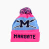a pink and blue knit hat with a letter m