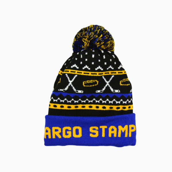 a black and blue beanie with yellow text