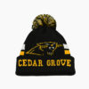 a black and yellow knit hat with a pom