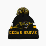 a black and yellow knit hat with a pom