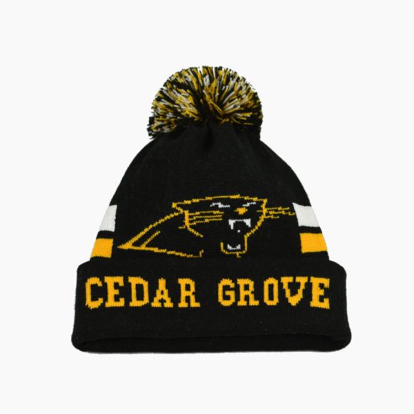 a black and yellow knit hat with a pom