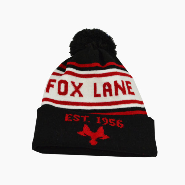 a black and red beanie with white text