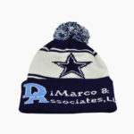 a blue and white knit hat with a star
