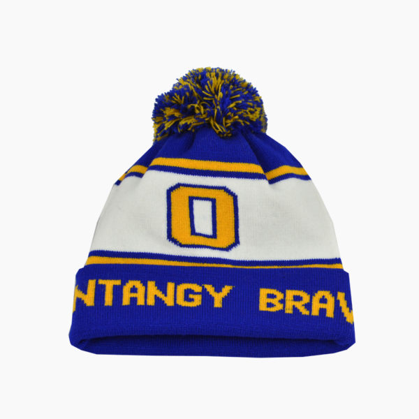 a blue and white knit hat with yellow letters