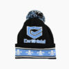 a black and blue knit hat with a pom