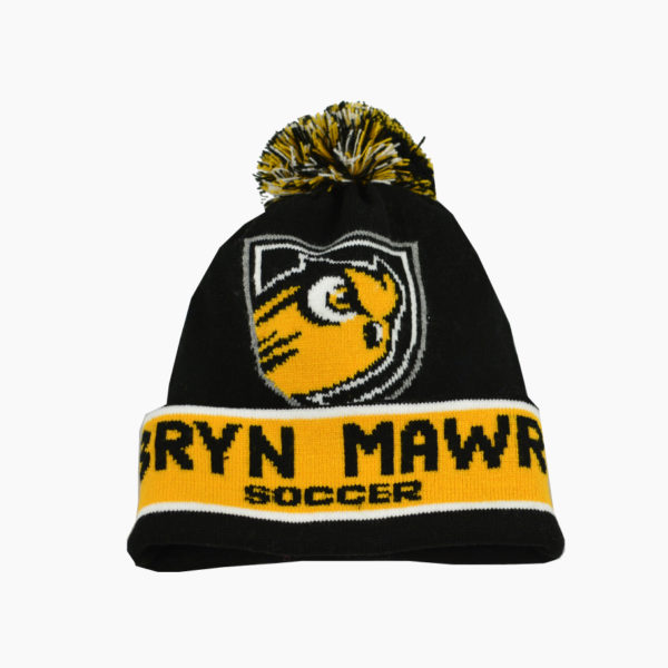 a black and yellow knit hat with a yellow logo