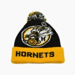 a black and yellow knit hat with a yellow and black logo