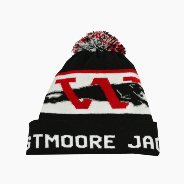 a black and white beanie with red and white text