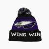 a purple and black beanie with a white eagle on it