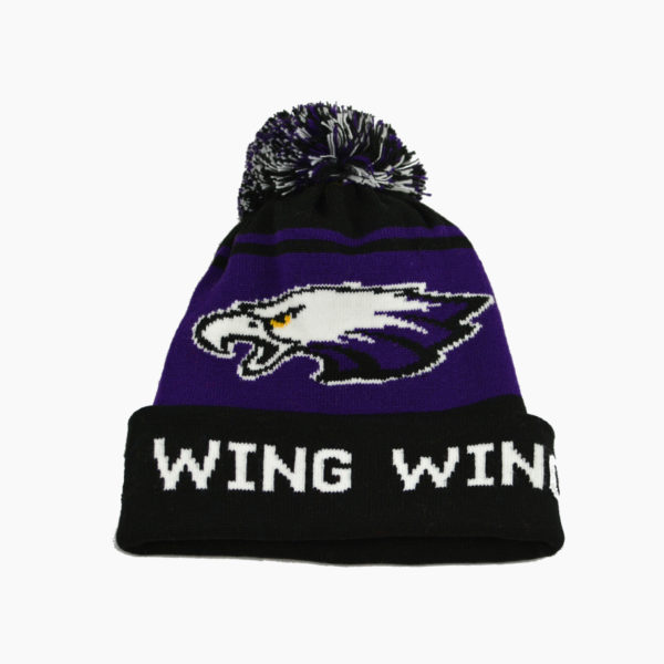 a purple and black beanie with a white eagle on it