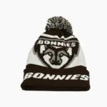 a brown and white beanie with a logo on it