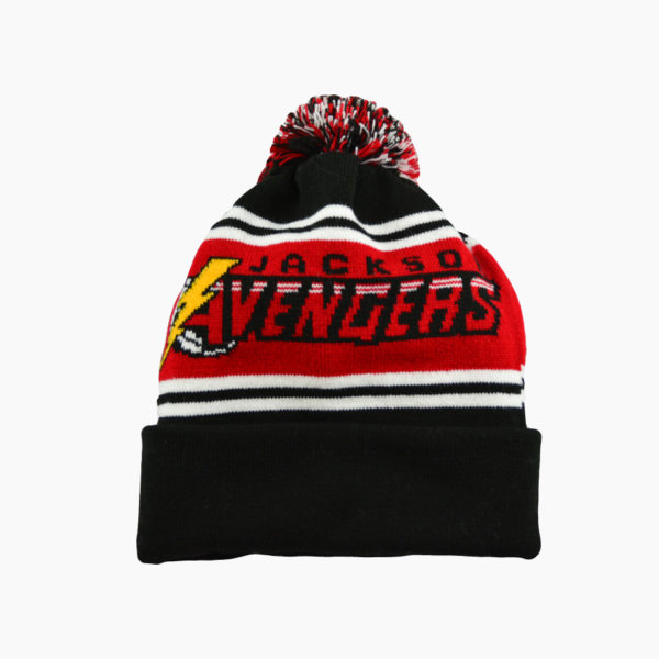 a red and black beanie with a yellow lightning bolt on it