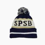 a blue and white knit hat with a pom