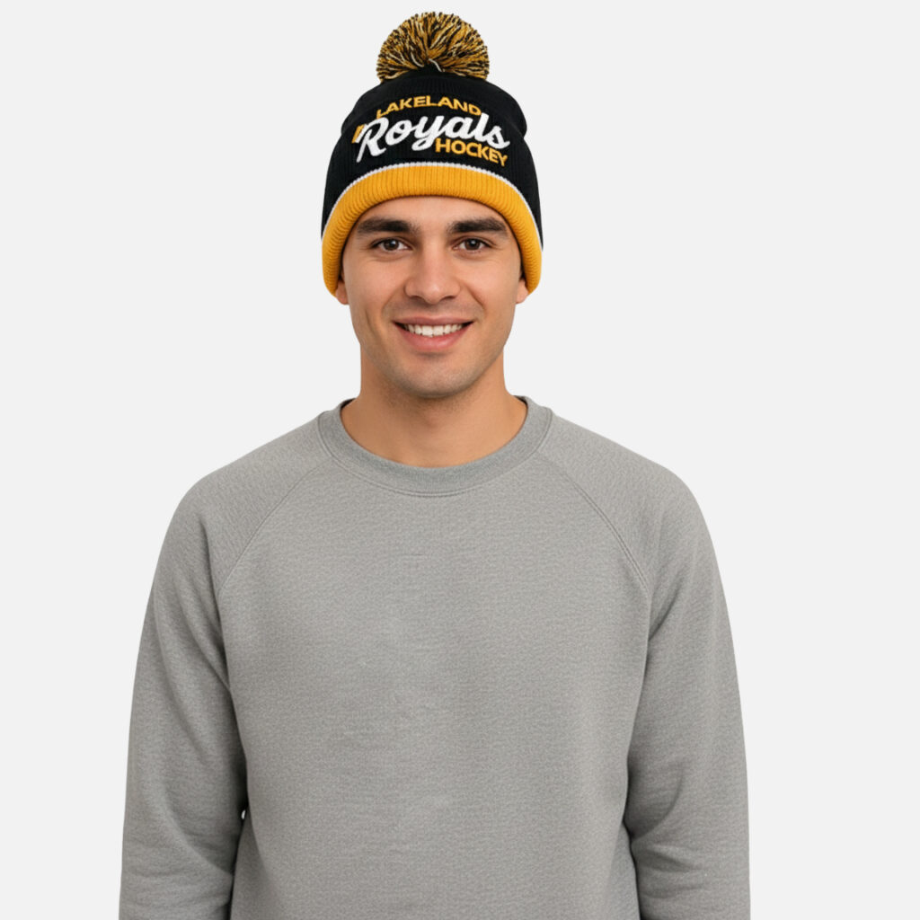 Person wearing a custom hockey beanie.