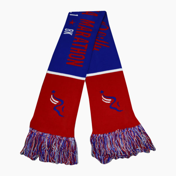 a red and blue scarf with white text