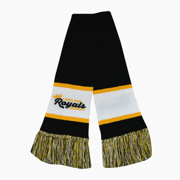 a black and yellow scarf with white stripes