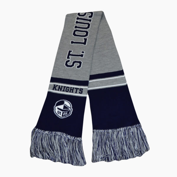 a grey and blue scarf with white text