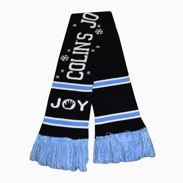 a black and blue scarf with white text