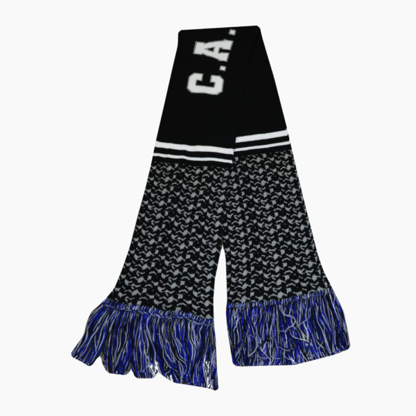 a black and blue scarf with white letters