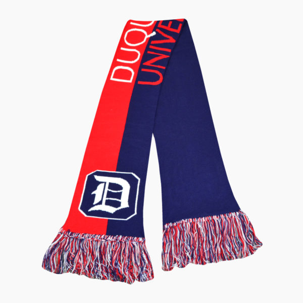 a red and blue scarf with white letters