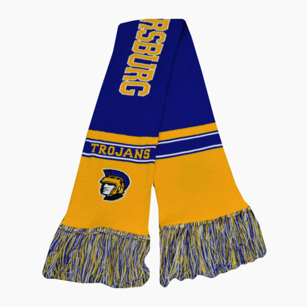 a blue and yellow scarf with tassels