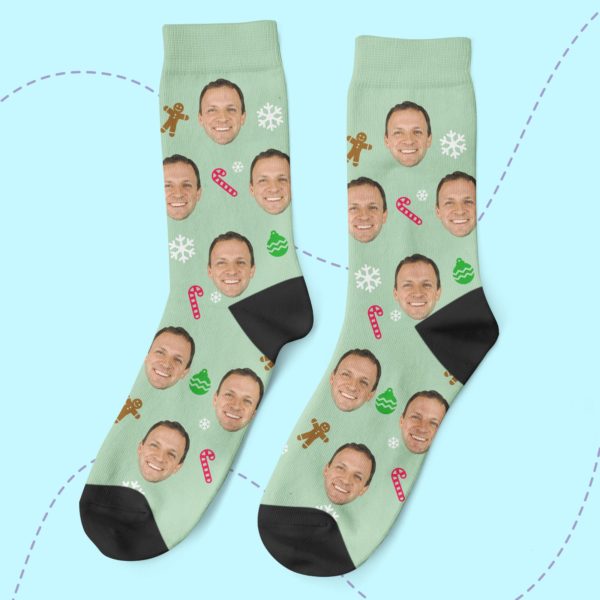 a pair of socks with a face on them