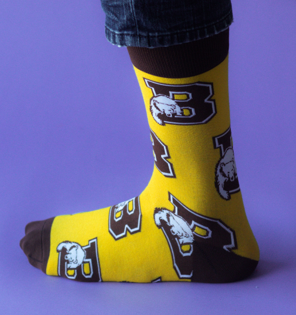 a yellow and black sock with a letter b on it