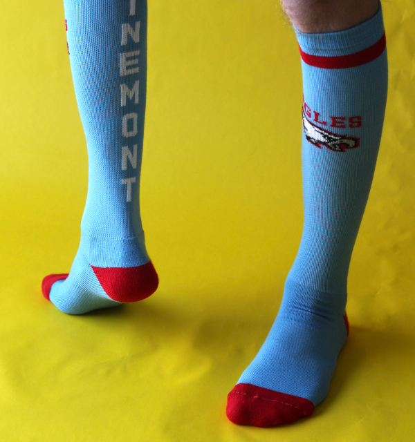 a person wearing blue socks