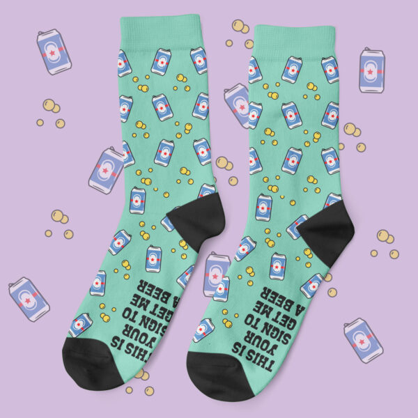a pair of socks with beer cans on them