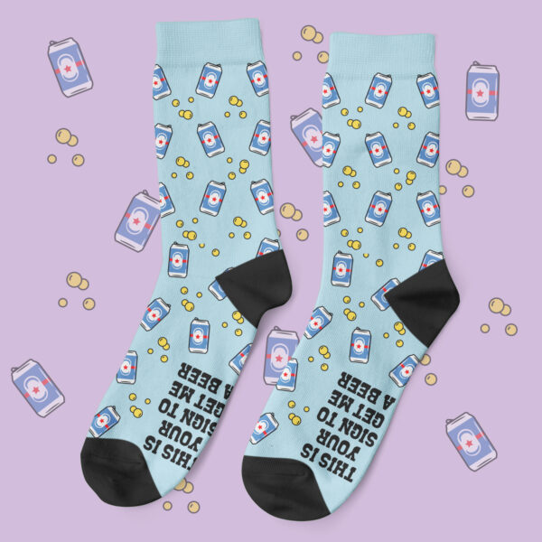 a pair of socks with beer cans on them