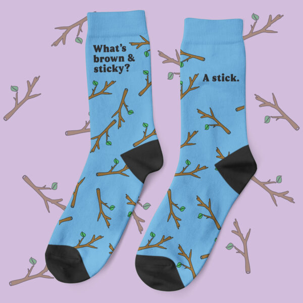a pair of blue socks with black text