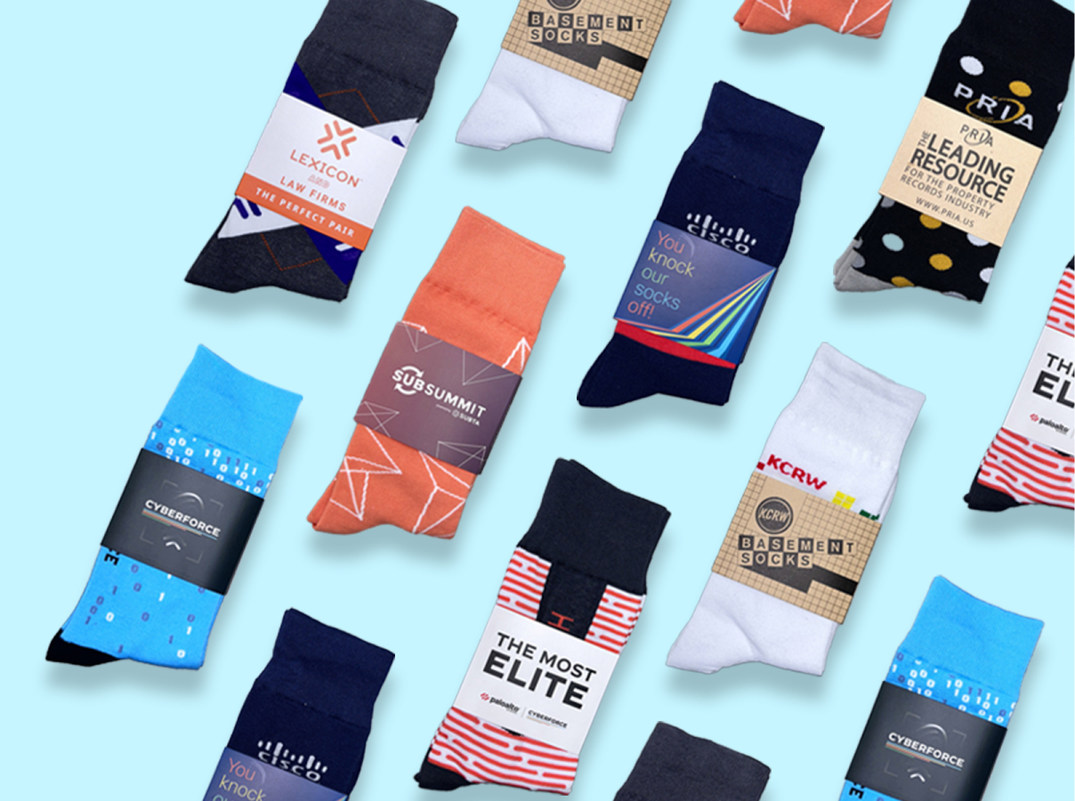 Tradeshow Socks | Custom Sock Shop grid of custom logo socks on blue background