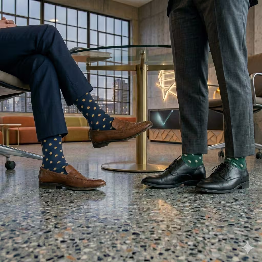 Two men in stylish polka dot socks standing.