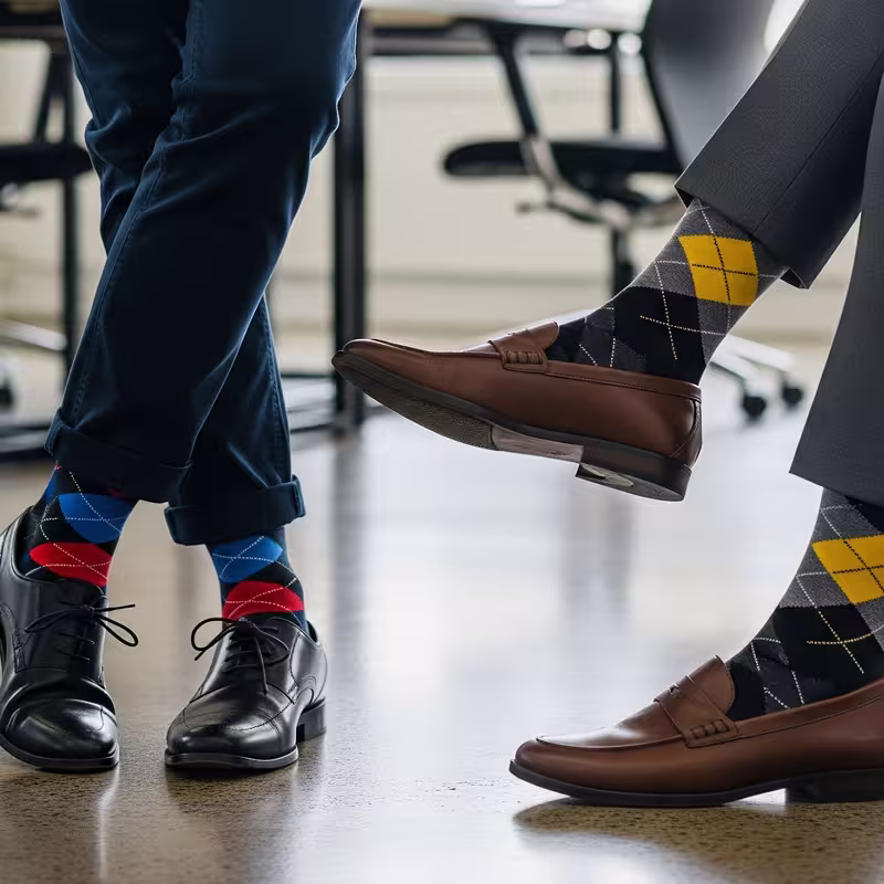 A close-up shot of professional business attire featuring vibrant, argyle-patterned custom socks.