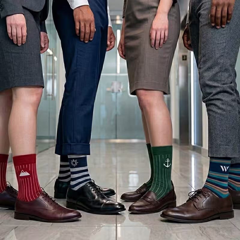 people wearing colorful stripe socks in a professional office