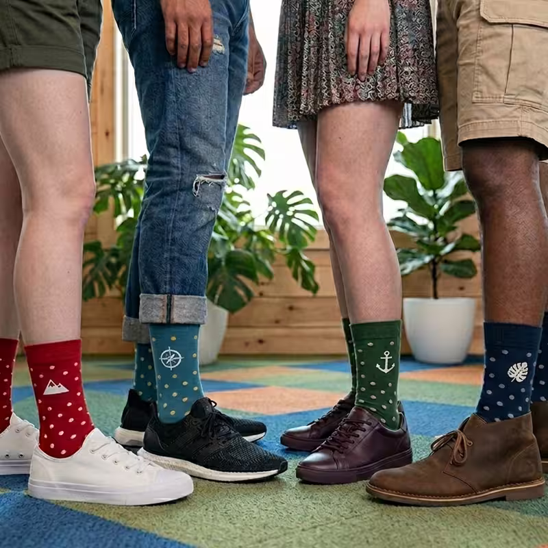 people wearing colorful polka dot socks in office space