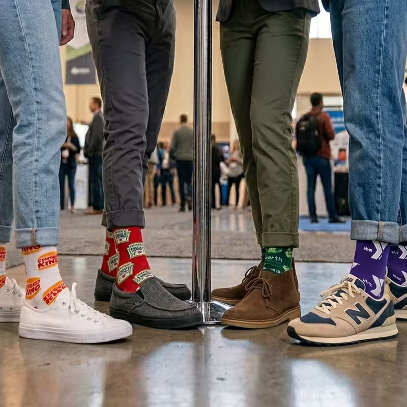 people wearing colorful logo socks at a conference